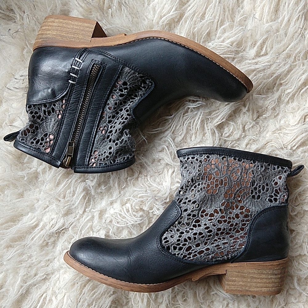 Musse & Cloud Ainhoa Anthropologie Leather Crochet Ankle Boots Black EU 39 US 8